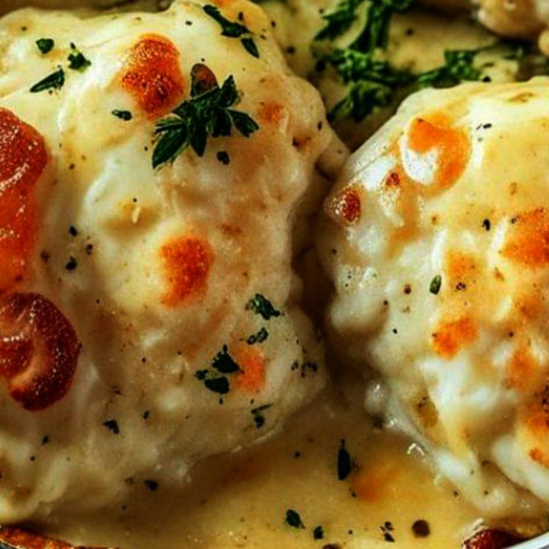 Recipe for a delicious chicken dish with a creamy and cheesy sauce.