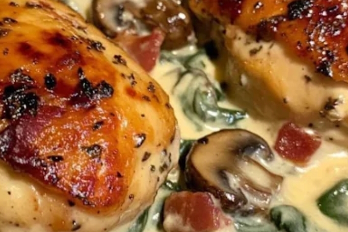 Smothered Chicken with Creamed Spinach, Bacon, and Mushrooms Recipe