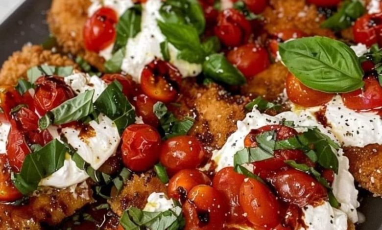 Crispy Chicken Cutlets with Burrata, Cherry Tomatoes, and Basil